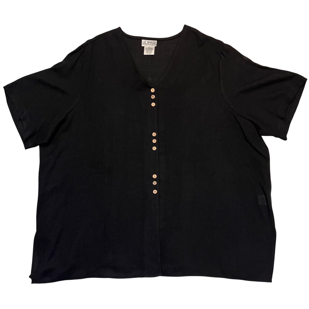 Liz Baker Essentials Black Linen Blend Short Sleeve Button Front Top Size 5X‎